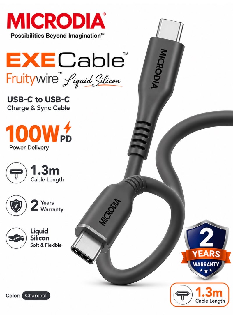 ميكروديا كابل شحن سريع USB-C إلى USB-C من [[MICRODIA]] Fruitywire المصنوع من السيليكون السائل بقدرة 100 واط، سلك نقل بيانات مرن وغير سام لأجهزة الكمبيوتر المحمولة والأجهزة اللوحية والهواتف الذكية (1.3 متر) - أسود - Image 1