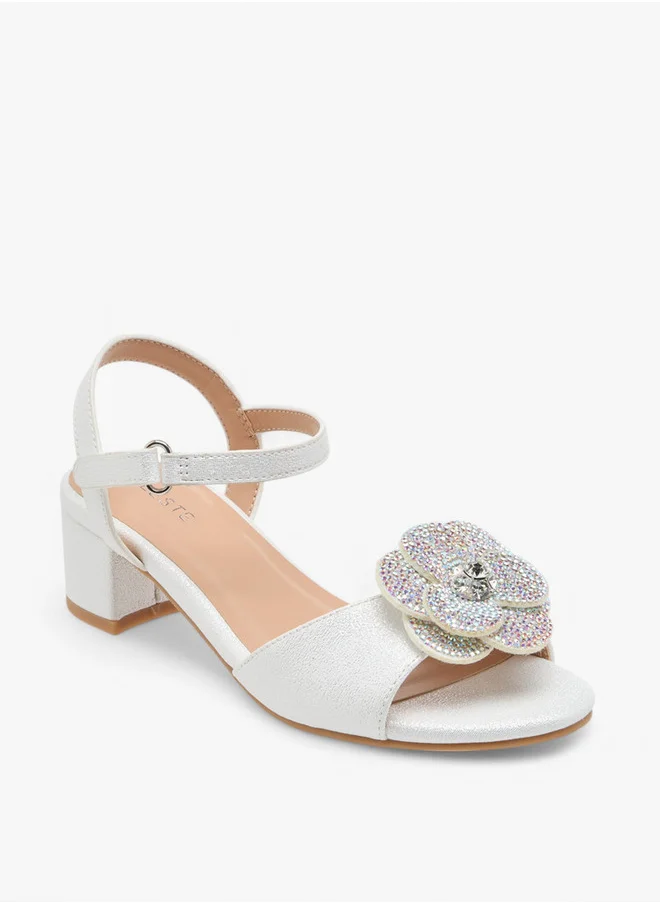 Celeste Girls Floral Accent Block Heel Sandals with Hook and Loop Closure