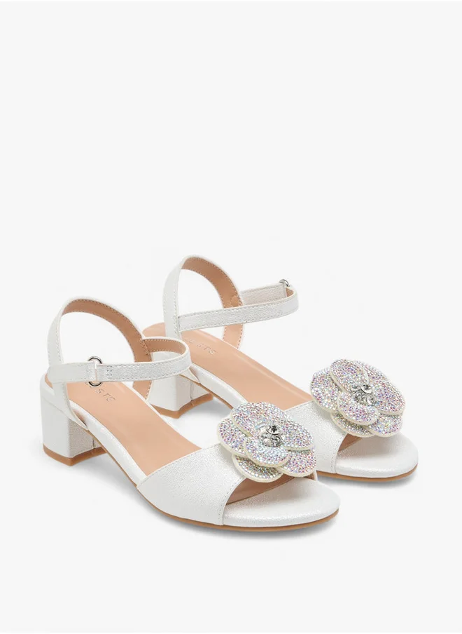 Celeste Girls Floral Accent Block Heel Sandals with Hook and Loop Closure