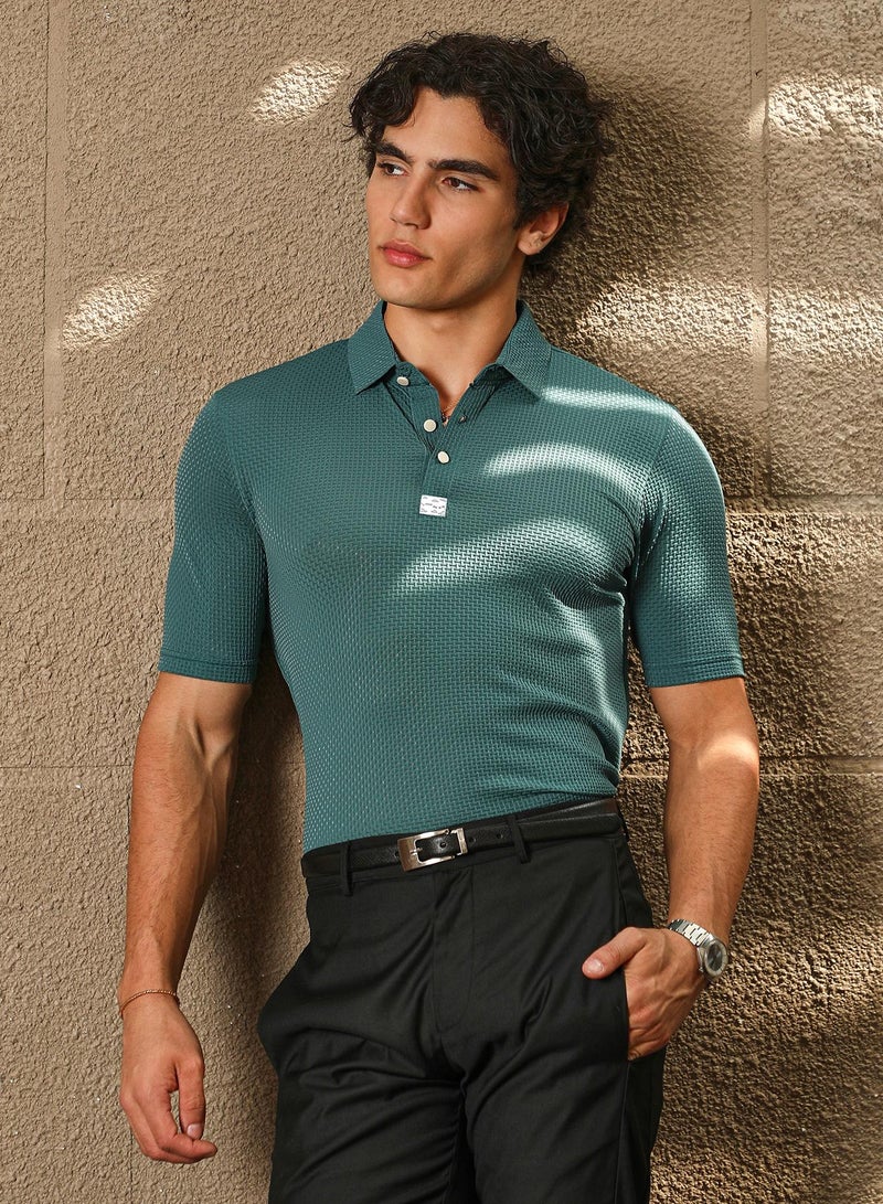 Campus Sutra Men's Emerald Green Warp-Tactile Polo T-Shirt - Image 2