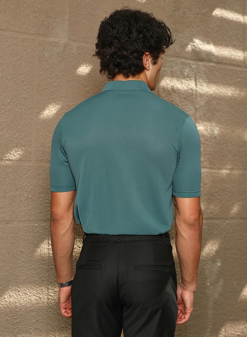 Campus Sutra Men's Emerald Green Warp-Tactile Polo T-Shirt - Image 5