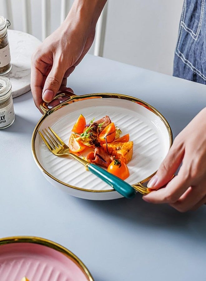 Beyond Homes Ceramic Serving Platter with Handles, 24 cm | Round Ceramic Snack Tray with Gold Rim | Microwave & Dishwasher Safe Platter for Starters, Appetizers & Dining Table (White Gold) - Image 1