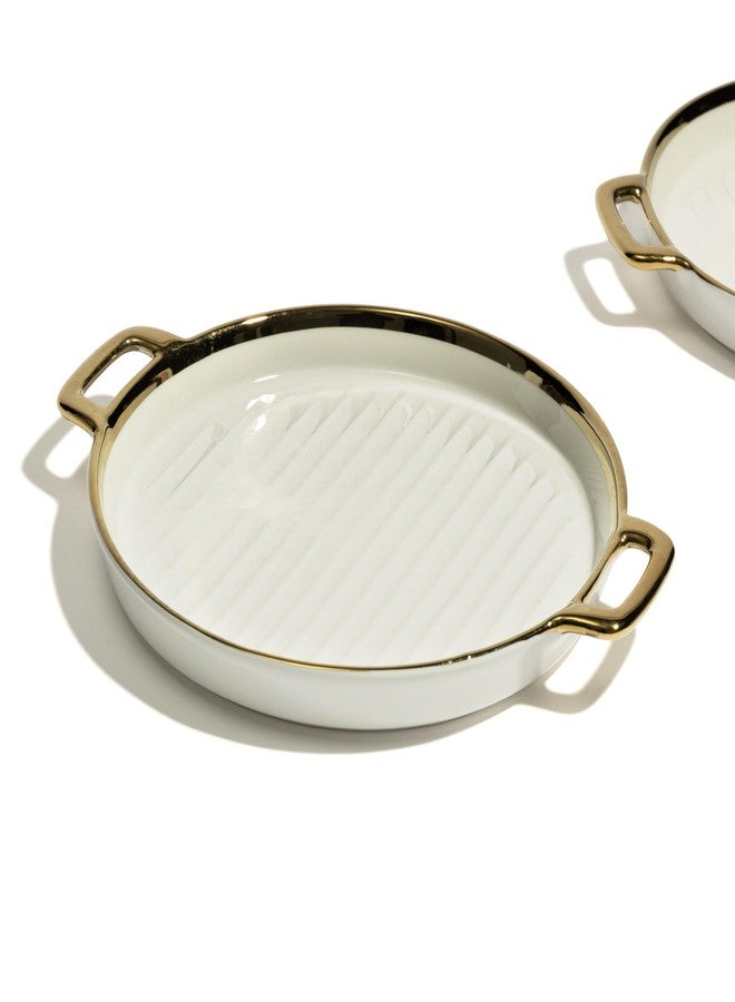Beyond Homes Ceramic Serving Platter with Handles, 24 cm | Round Ceramic Snack Tray with Gold Rim | Microwave & Dishwasher Safe Platter for Starters, Appetizers & Dining Table (White Gold) - Image 4