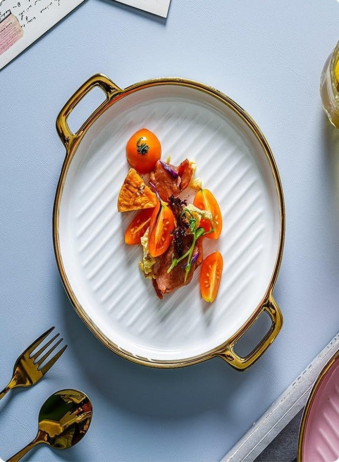 Beyond Homes Ceramic Serving Platter with Handles, 24 cm | Round Ceramic Snack Tray with Gold Rim | Microwave & Dishwasher Safe Platter for Starters, Appetizers & Dining Table (White Gold) - Image 3