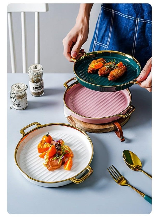 Beyond Homes Ceramic Serving Platter with Handles, 24 cm | Round Ceramic Snack Tray with Gold Rim | Microwave & Dishwasher Safe Platter for Starters, Appetizers & Dining Table (White Gold) - Image 5
