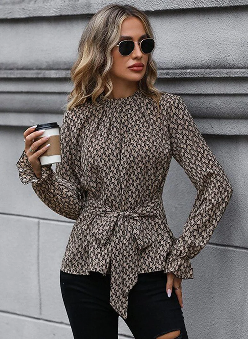 YUNIQEE Grey High Neck Long Sleeves Printed Top