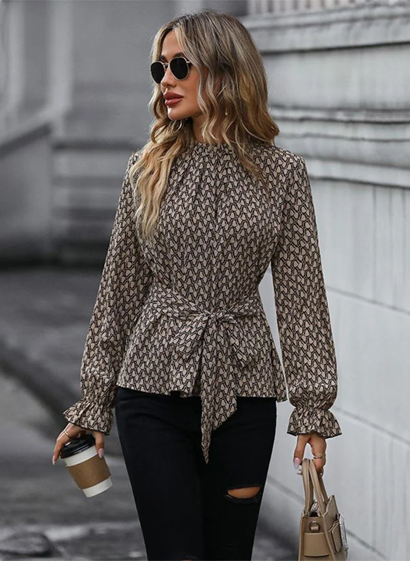 YUNIQEE Grey High Neck Long Sleeves Printed Top