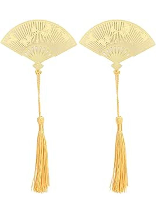 Brass Folding Fan Bookmarks With Tassel 2 Pieces Antique Metal Literature Art Gifts - Image 1