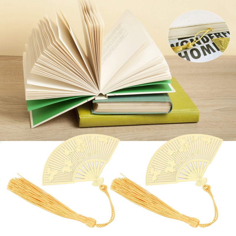 Brass Folding Fan Bookmarks With Tassel 2 Pieces Antique Metal Literature Art Gifts - Image 5