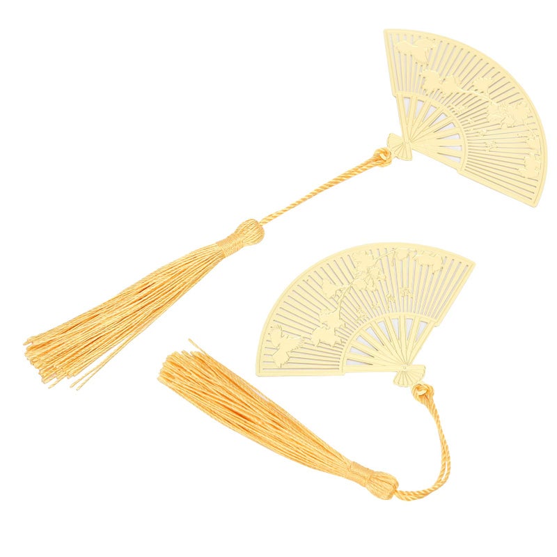 Brass Folding Fan Bookmarks With Tassel 2 Pieces Antique Metal Literature Art Gifts - Image 3