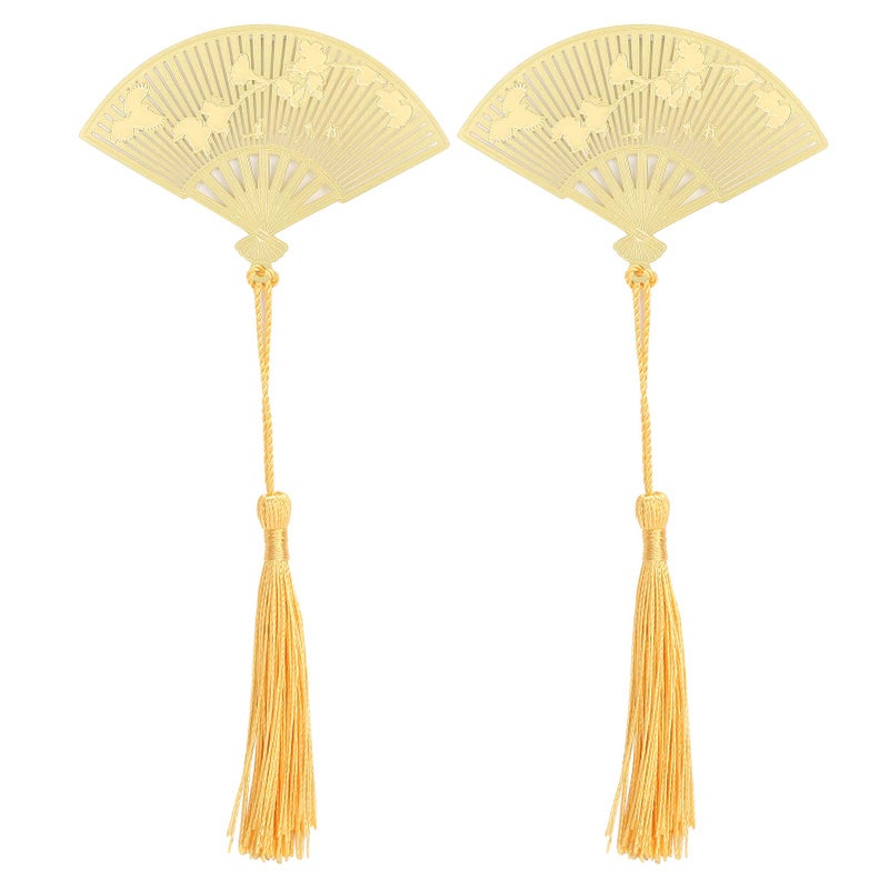 Brass Folding Fan Bookmarks With Tassel 2 Pieces Antique Metal Literature Art Gifts - Image 2