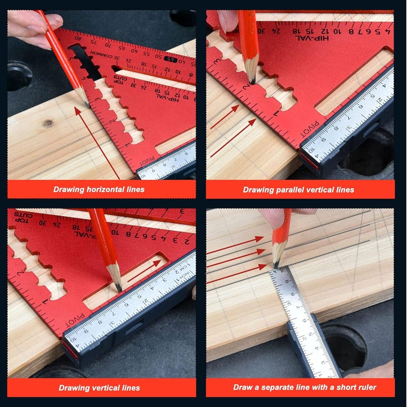 klarako Rafter Square, 7 Inch Aluminum Alloy Polished Surface Accurate Scaling Built in Magnets Carpenter Square Removable Short Ruler Triangle Square for Woodworking Carpentry (Red) - Image 5