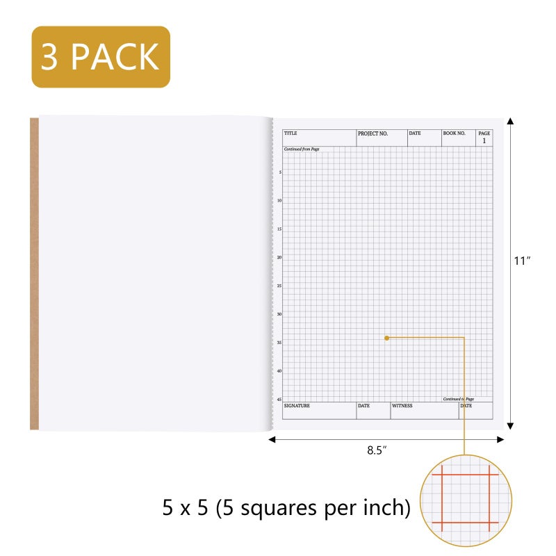 suituts 3 Pack Carbonless Chemistry Lab Notebook, 8.5X11 Inch Student Lab notebook with Duplicate/Numbered/Grid Pages, 25 Sets of Pages, Total 75 Sets (Kraft) - Image 2