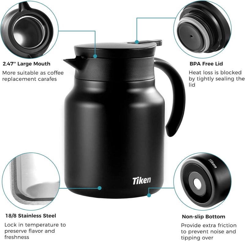 Tiken 34 Oz Thermal Coffee Carafe - Double Wall Stainless Steel Insulated Beverage Pitcher (Matte Black) - Image 3