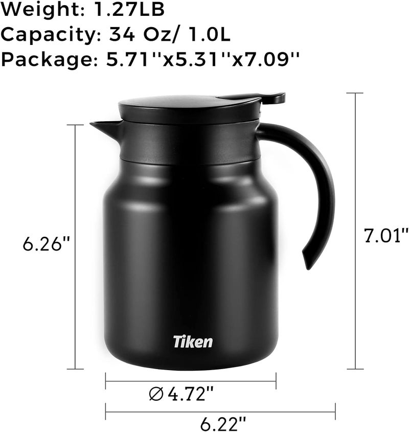 Tiken 34 Oz Thermal Coffee Carafe - Double Wall Stainless Steel Insulated Beverage Pitcher (Matte Black) - Image 2