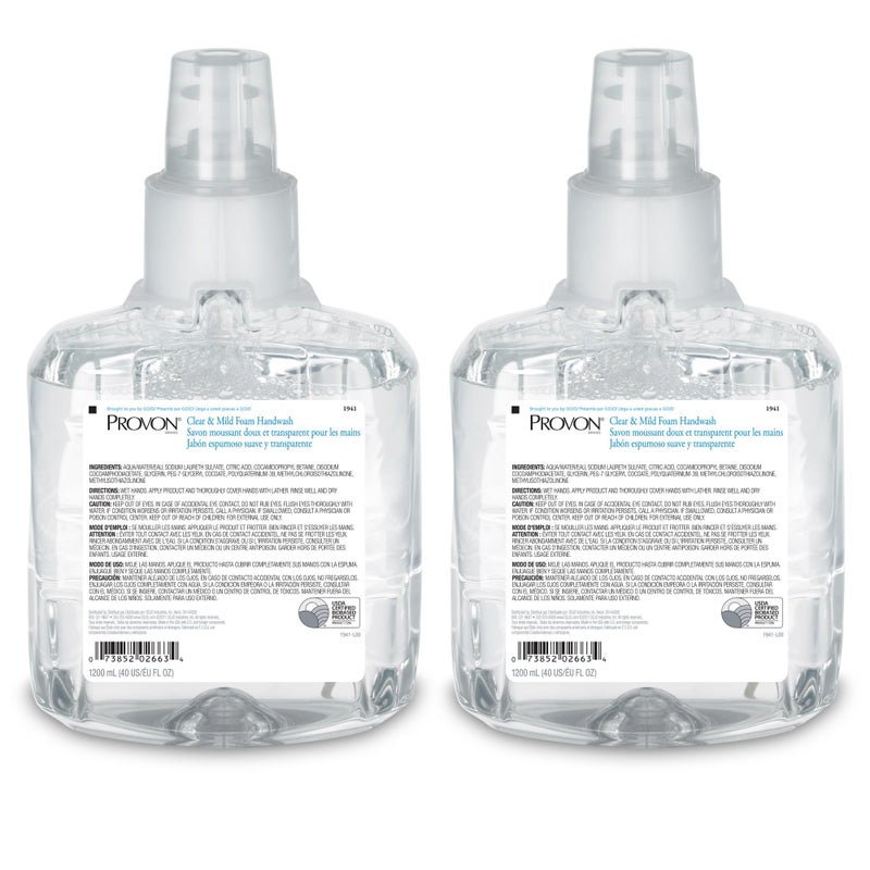 PROVON LTX-12 Clear and Mild Foam Handwash, EcoLogo Certified, 1200 mL Foam Soap Refill for LTX-12 Touch-Free Dispenser (Pack of 2) - 1941-02 - Image 1