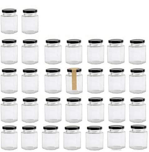 Encheng 4 oz Clear Hexagon JarsSmall Glass Honey Jars With LidsBlackMason Jars For HerbFoodsJamsLiquid Spice Jars Canning Jars For Storage 30 Pack