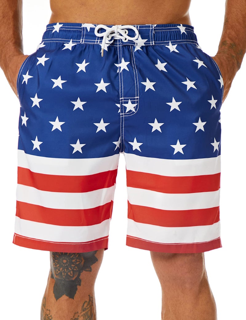 KAILUA SURF Long Quick Dry Boardshorts, 9 Inch Inseam Mens Bathing Suits with Mesh Lining American Flag