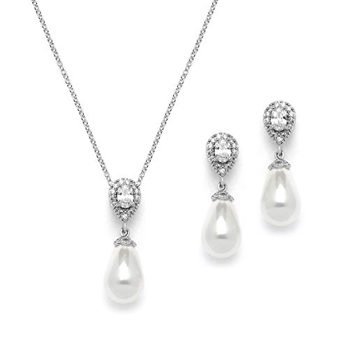 Mariell Pearl Drop Bridal Necklace and Earrings Set with CZ Crystals for Brides, Wedding, Birthday Gift - Image 1