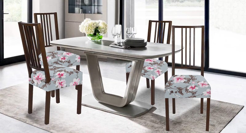 BRIDA Stretchable Floral Geometric Printed Dining Chair Seat Covers Elastic Chair Seat Case Protector, Slipcovers (Grey Pink, 4 Seat Cover) - Image 3