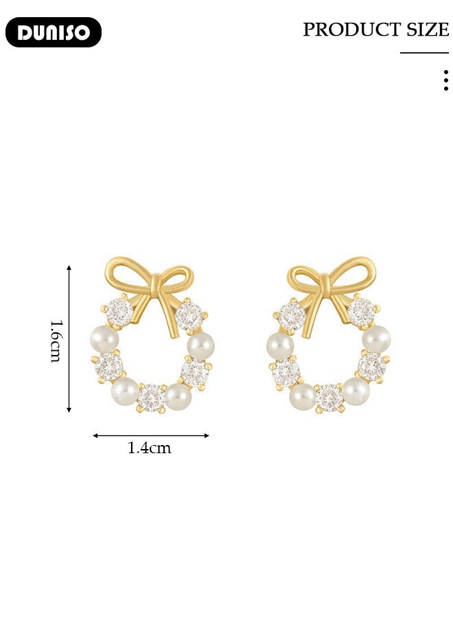 DUNISO Pearl Gold Hoop Earrings for Women, 14K Gold Plated Lightweight Pearl Earrings,Dainty Elegant Bow Earrings, Hypoallergenic Pearl Earring for Women Girls - Image 2
