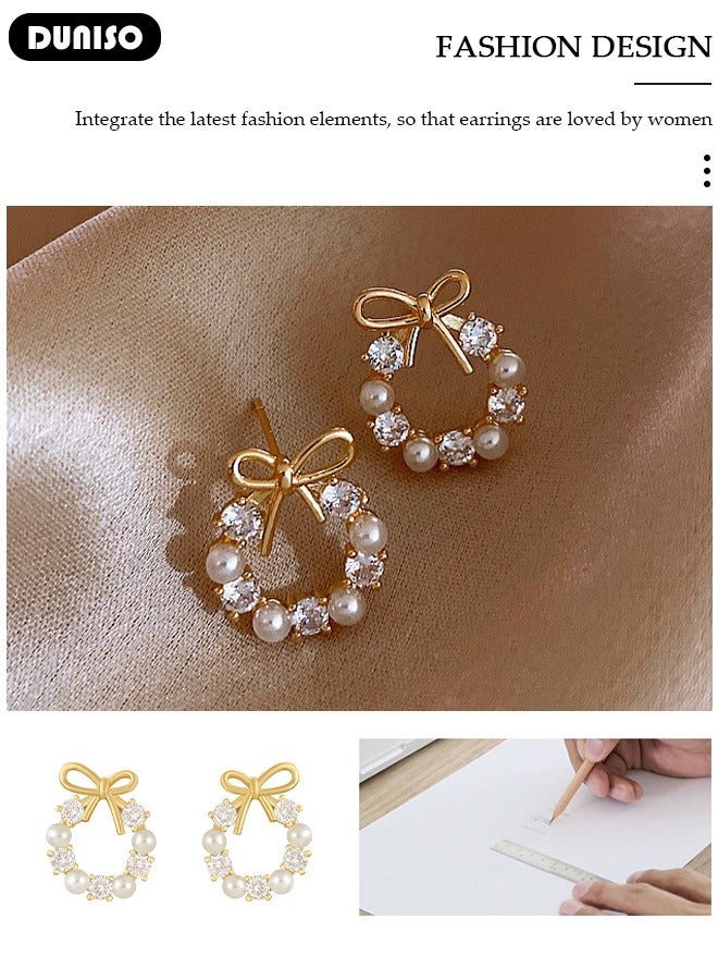 DUNISO Pearl Gold Hoop Earrings for Women, 14K Gold Plated Lightweight Pearl Earrings,Dainty Elegant Bow Earrings, Hypoallergenic Pearl Earring for Women Girls - Image 3