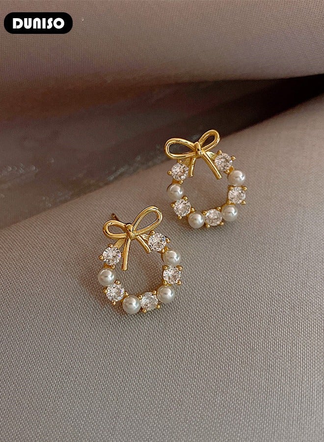 DUNISO Pearl Gold Hoop Earrings for Women, 14K Gold Plated Lightweight Pearl Earrings,Dainty Elegant Bow Earrings, Hypoallergenic Pearl Earring for Women Girls - Image 4