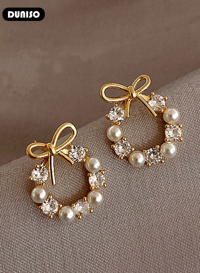 DUNISO Pearl Gold Hoop Earrings for Women, 14K Gold Plated Lightweight Pearl Earrings,Dainty Elegant Bow Earrings, Hypoallergenic Pearl Earring for Women Girls - Image 5