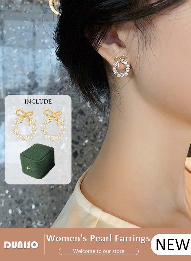 DUNISO Pearl Gold Hoop Earrings for Women, 14K Gold Plated Lightweight Pearl Earrings,Dainty Elegant Bow Earrings, Hypoallergenic Pearl Earring for Women Girls - Image 1