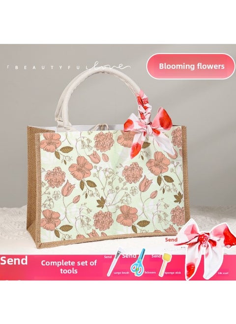 Butterfly Ancient Bart Material Bag Diy Mother's Day Canvas Bag Children's Handmade Creative Linen Bag Group Building Activity Gift-Color:Vertical Style [flowers Blooming] Comes With A Full Set Of Tools + Detailed Tutorials