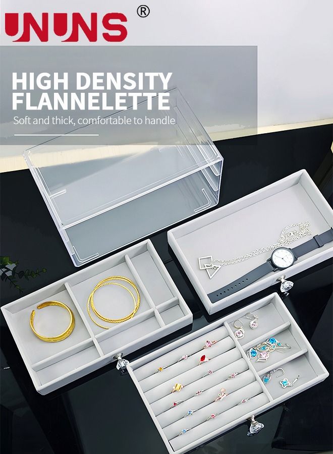UNUNS 3-Layer Jewelry Organizer Box For Women,Clear Acrylic Jewelry Box 3 Drawers,Velvet Earring Display Holder For Earrings Ring Bracelet Necklace,Gray  - Image 3