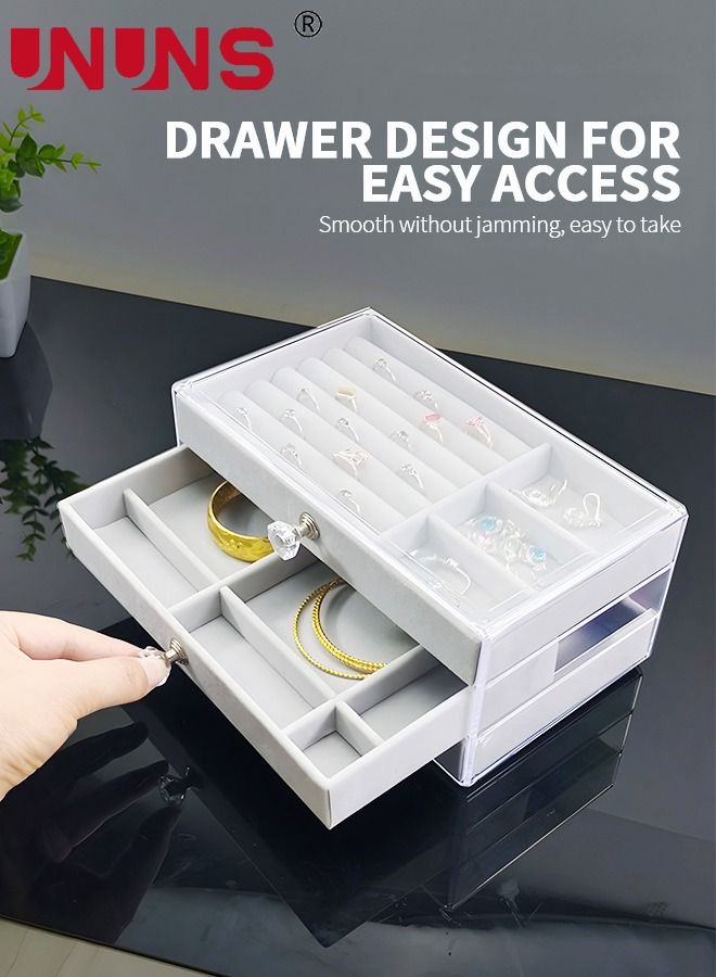 UNUNS 3-Layer Jewelry Organizer Box For Women,Clear Acrylic Jewelry Box 3 Drawers,Velvet Earring Display Holder For Earrings Ring Bracelet Necklace,Gray  - Image 2