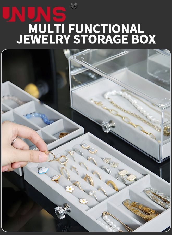 UNUNS 3-Layer Jewelry Organizer Box For Women,Clear Acrylic Jewelry Box 3 Drawers,Velvet Earring Display Holder For Earrings Ring Bracelet Necklace,Gray  - Image 5