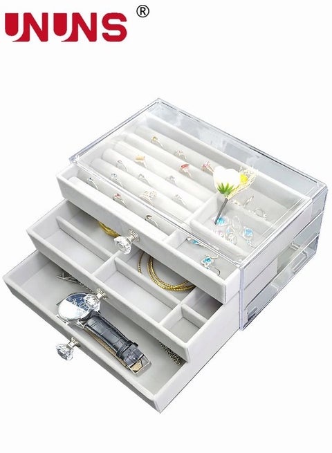 صندوق تنظيم المجوهرات من 3 طبقات للنساء، صندوق مجوهرات أكريليك شفاف 3 أدراج، حامل عرض قرط مخملي للأقراط وقلادة السوار، رمادي