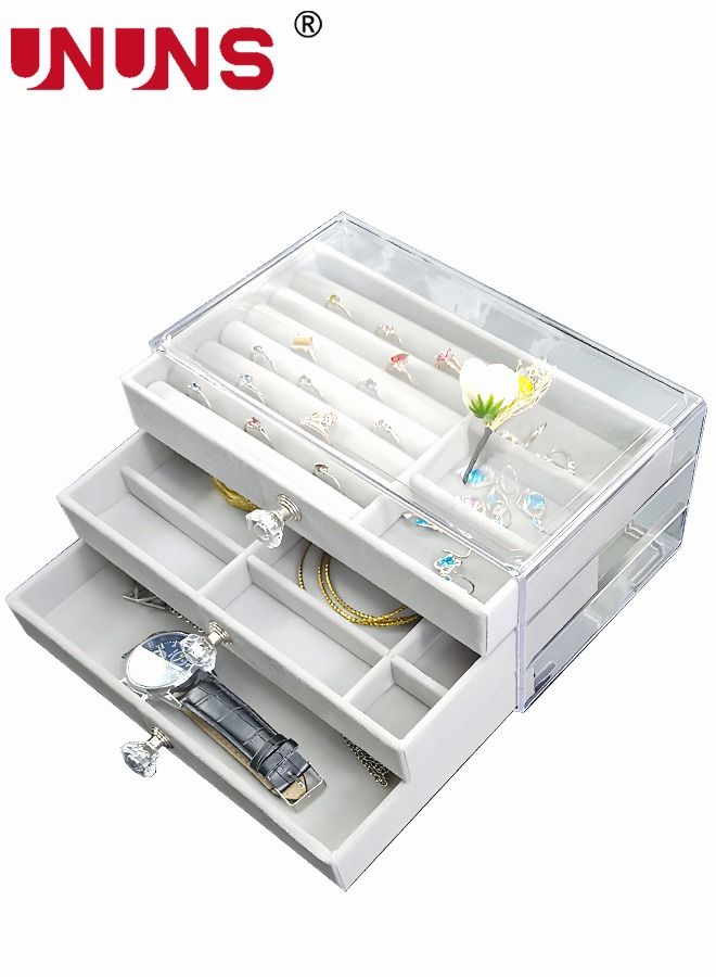 UNUNS 3-Layer Jewelry Organizer Box For Women,Clear Acrylic Jewelry Box 3 Drawers,Velvet Earring Display Holder For Earrings Ring Bracelet Necklace,Gray  - Image 1