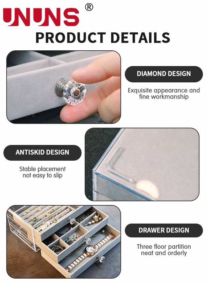 UNUNS 3-Layer Jewelry Organizer Box For Women,Clear Acrylic Jewelry Box 3 Drawers,Velvet Earring Display Holder For Earrings Ring Bracelet Necklace,Gray  - Image 4