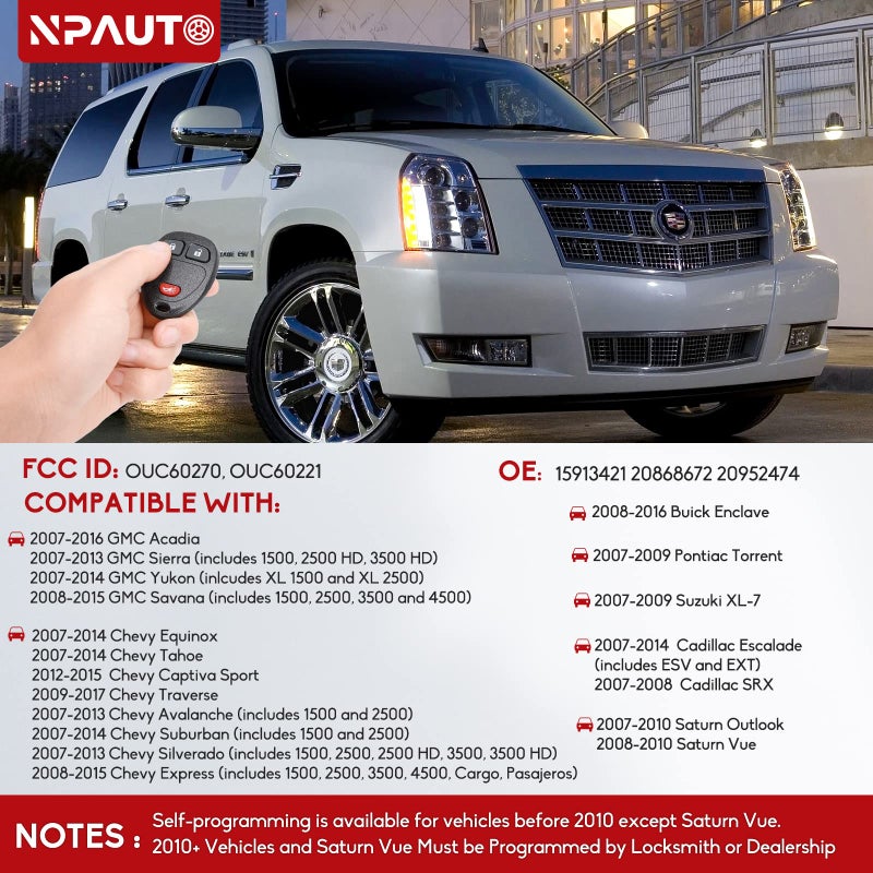 NPAUTO بديل مفتاح فوب لشيvrolet سيلفرادو إكوينوكس ترافيرس تاهو أفالانش GMC سييرا 1500 2500 3500 HD يوكون ساتورن بونتياك 2007 2008 2009 2010 2011 2012 2013 جهاز تحكم عن بعد للدخول بدون مفتاح، عبوة 2 - Image 2
