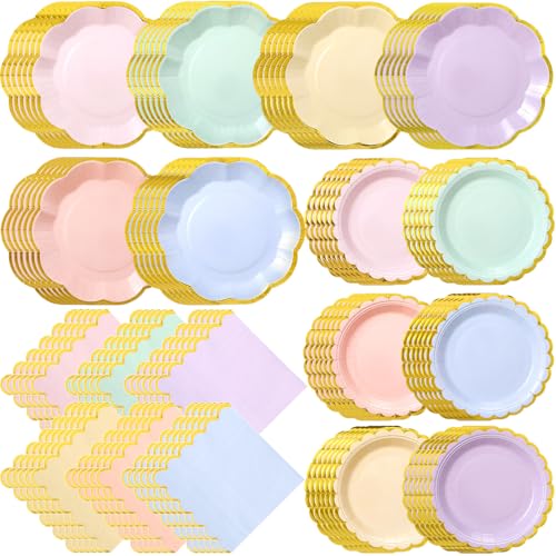 Skybooly 144 Pcs 48 Guests Pastel Rainbow Party Paper Plates and Napkins Sets Heavy Duty Pastel Scalloped Party Plates Napkins Disposable Rainbow Supplies Decoration for Bridal Baby Shower Wedding - Image 1