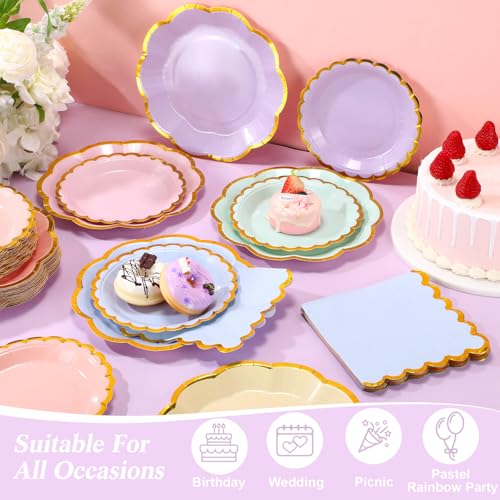 Skybooly 144 Pcs 48 Guests Pastel Rainbow Party Paper Plates and Napkins Sets Heavy Duty Pastel Scalloped Party Plates Napkins Disposable Rainbow Supplies Decoration for Bridal Baby Shower Wedding - Image 5