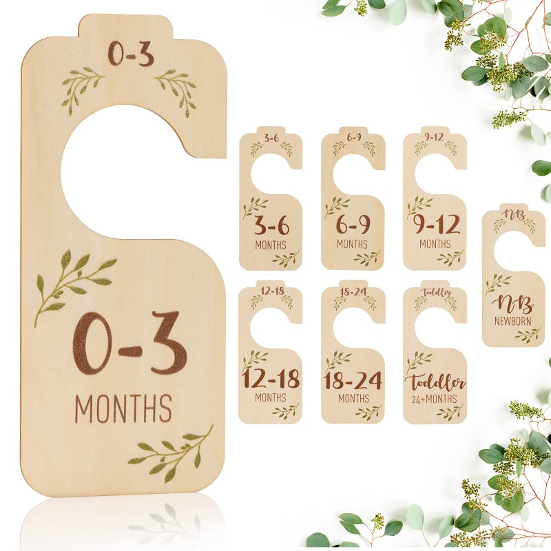 Baby Closet Dividers for Clothes Organizer  Set of 8 Beautiful Wooden DoubleSided Baby Clothes Size Hanger Organizer from Newborn to 24 Months for Boho Nursery Decor