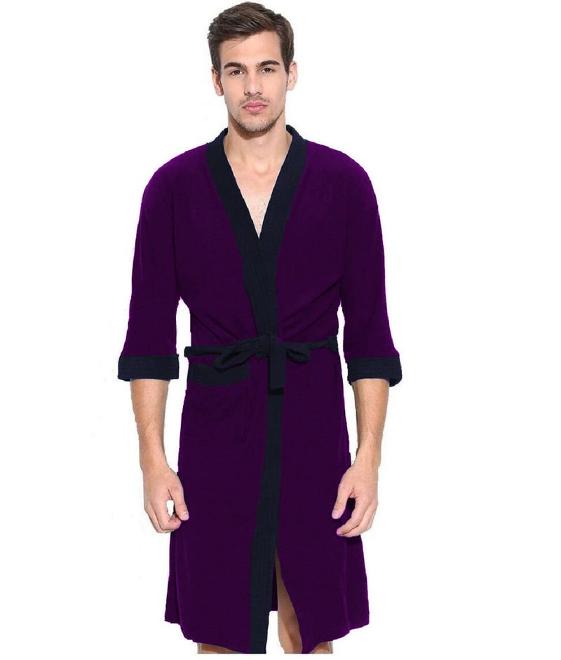ELEVANTO Bathrobes For Mens Collection 34 Sleeve Soft Terry Cotton Bathrobe Free SizePURPLENAVY - Image 1