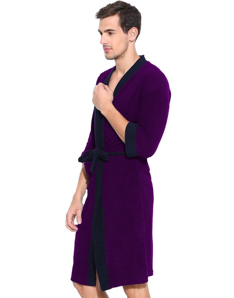 ELEVANTO Bathrobes For Mens Collection 34 Sleeve Soft Terry Cotton Bathrobe Free SizePURPLENAVY - Image 2