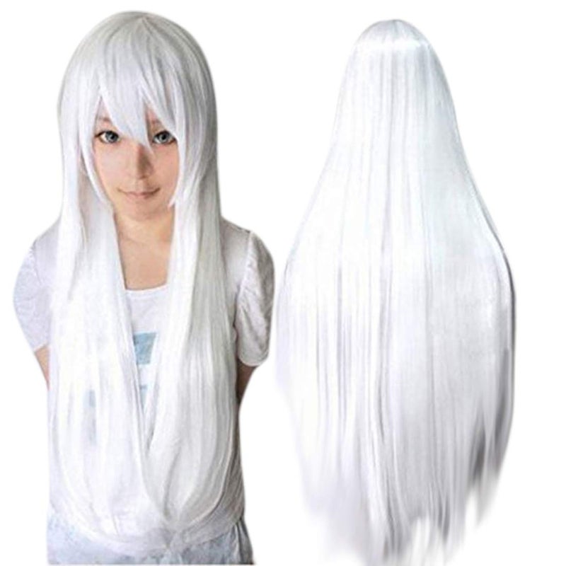 ANOGOL Wig Cap+32 In/ 80 cm Long White Wig Straight Synthetic Wig White Cosplay Wig, Straight White Wig with Bangs for Anime Cosplay, Peluca Blanca White Long Straight Wig for Halloween Costume Party - Image 1