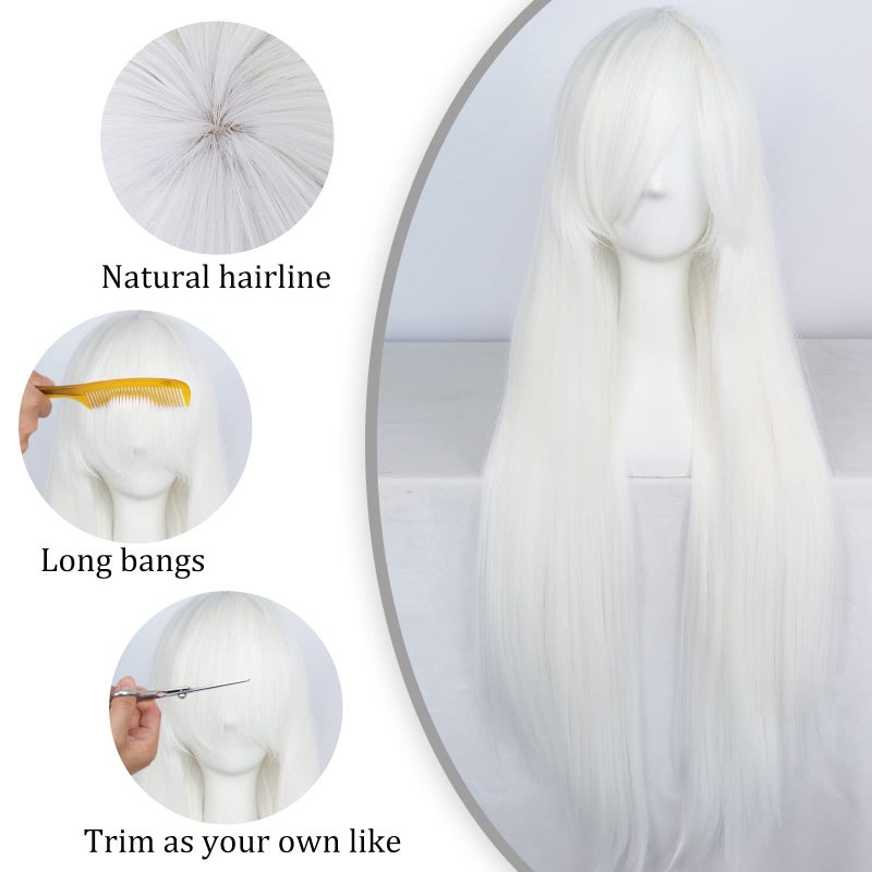 ANOGOL Wig Cap+32 In/ 80 cm Long White Wig Straight Synthetic Wig White Cosplay Wig, Straight White Wig with Bangs for Anime Cosplay, Peluca Blanca White Long Straight Wig for Halloween Costume Party - Image 2