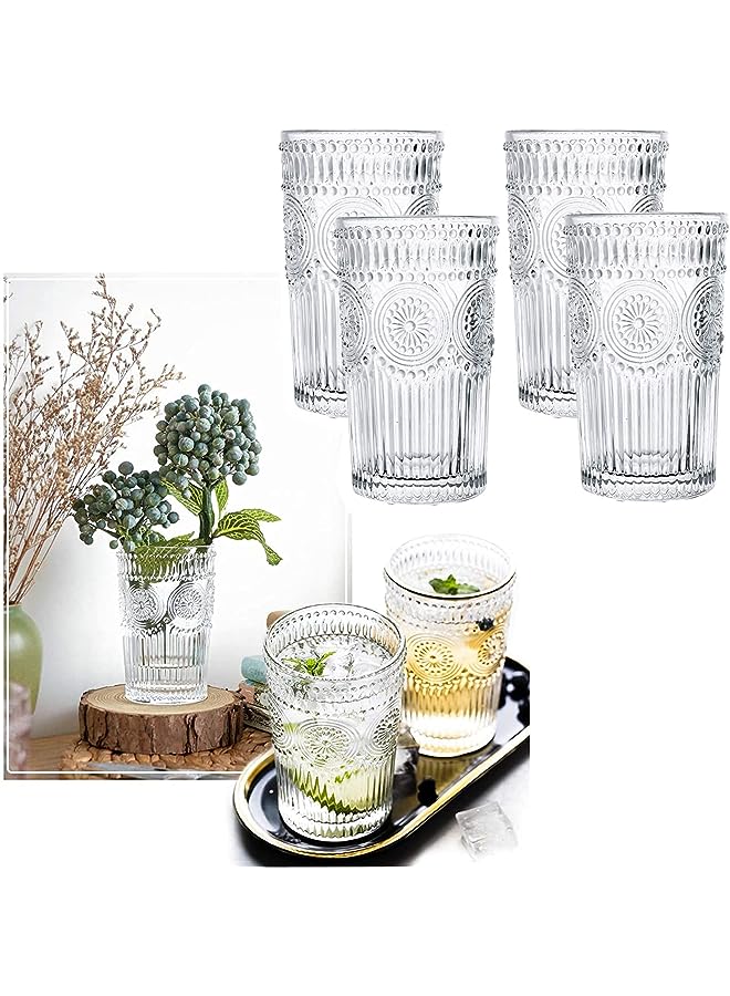 KASTWAVE Drinking Glasses, 4 Pack Crystal Glasses, Romantic Glassware, Vintage Glassware Set, for Juice Beverages, Refreshments, Vintage Glassware Set for Dinner Parties, Restaurants, Home - Image 1