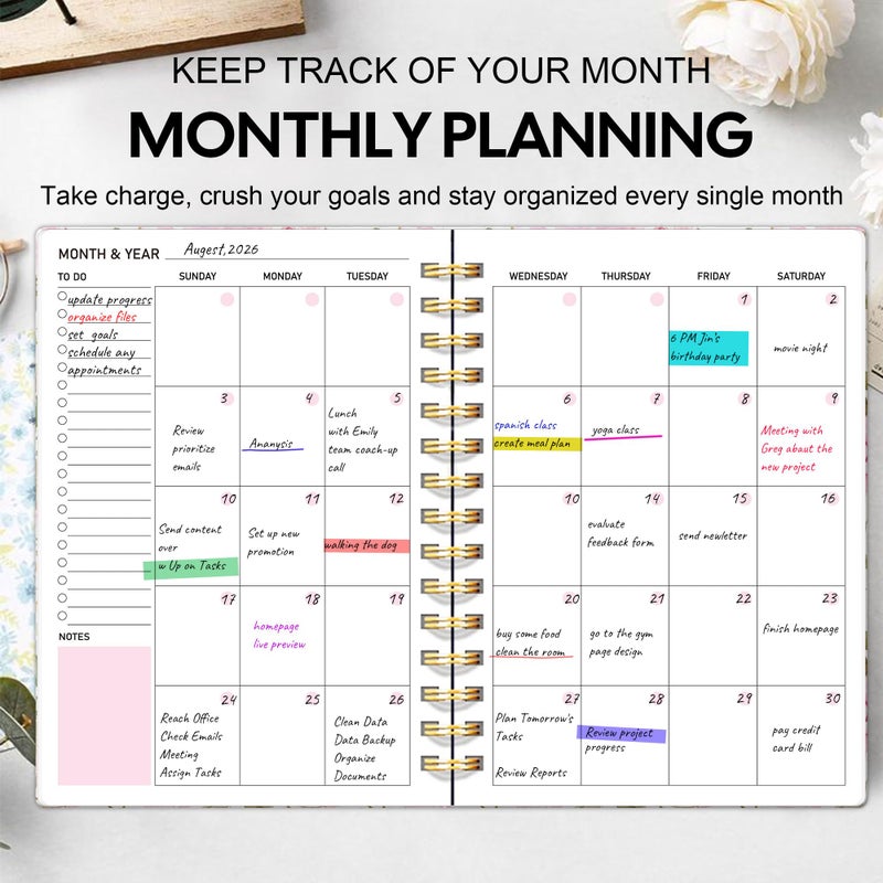 PIOOJK Undated Weekly and Monthly Planner â€“ 12-Month To Do List Notebook Organizer with Goal & Habit Tracker, Monthly Calendar, Spiral Productivity Journal Ideal for Work, School & Home, 6.5" x 8.5", Rose - Image 2