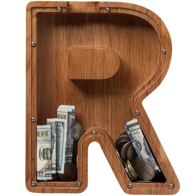 ladenk 12 Inch Extra Large Wooden Kids Letter Piggy Bank Piggy Bank for Boys Girls Initial R Bank Alphabet Money Bank for Birthday - Image 3