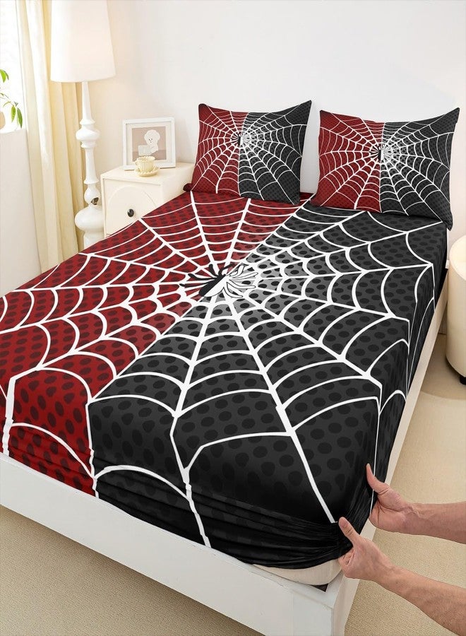 Man Fei Manfei Spider Kids Fitted Sheet Twin Size, White Spider Web Black Dots Bedding Set 2pcs for Boys Girls Room Decor, Red and Black Bed Cover with 1 Pillowcase, Soft Polyester Bedding, No Top Sheet - Image 1