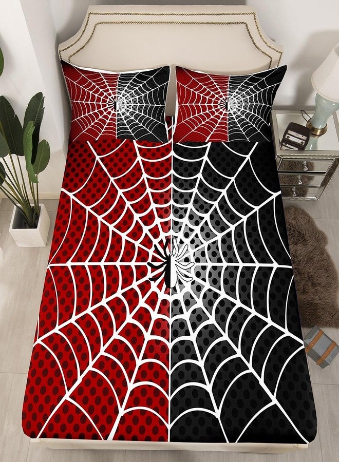 Man Fei Manfei Spider Kids Fitted Sheet Twin Size, White Spider Web Black Dots Bedding Set 2pcs for Boys Girls Room Decor, Red and Black Bed Cover with 1 Pillowcase, Soft Polyester Bedding, No Top Sheet - Image 4