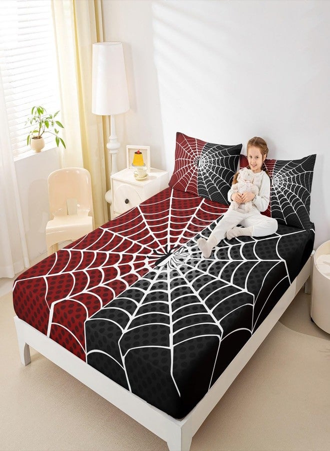 Man Fei Manfei Spider Kids Fitted Sheet Twin Size, White Spider Web Black Dots Bedding Set 2pcs for Boys Girls Room Decor, Red and Black Bed Cover with 1 Pillowcase, Soft Polyester Bedding, No Top Sheet - Image 3